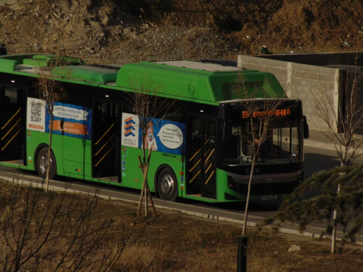 a green bus driving down the street