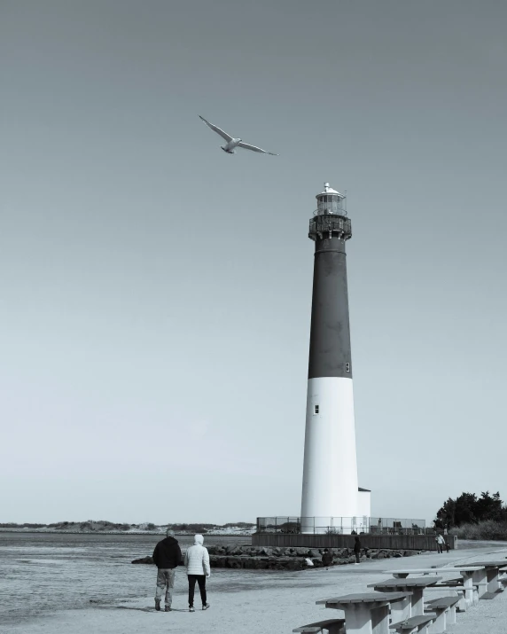 a couple walking to the lighthouse while the bird flies low