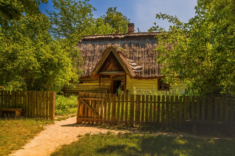 a wooden fence surrounding a house with thatched roofs