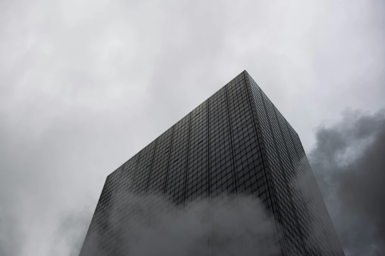 a bird flying by a tall building covered in cloud