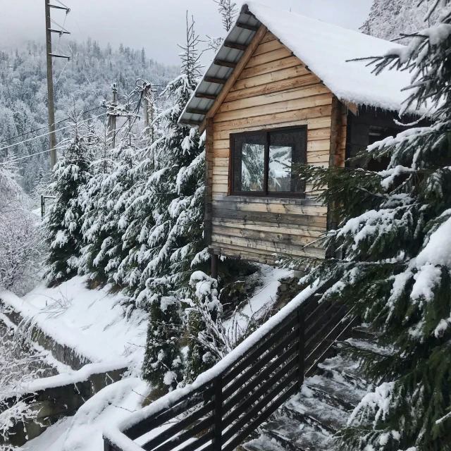 cabin perched on snowy hillside surrounded by trees