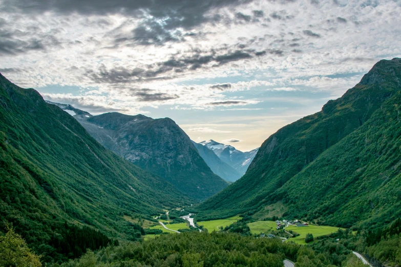 a scenic view of a valley with trees and mountains