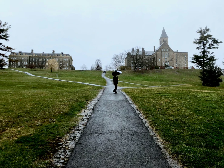 a person with an umbrella walking down a path