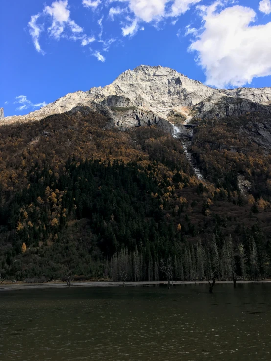 the mountains are covered with trees and some water