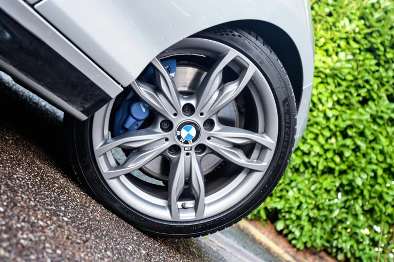 the wheel of a gray car near some green bushes