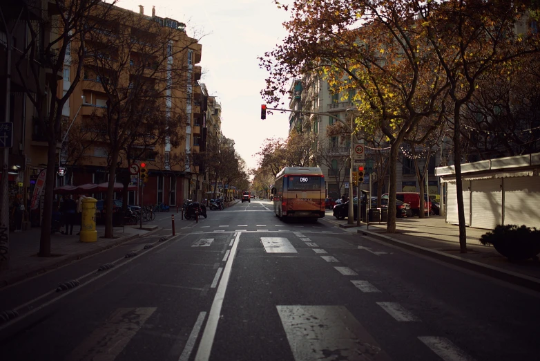 a bus is riding down the road near the trees