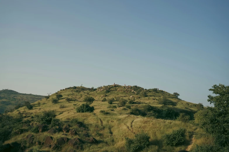 a group of people on top of a large mountain