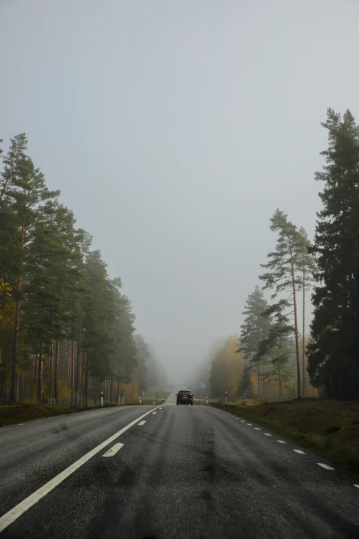 fog is rising on the side of a road as two cars drive