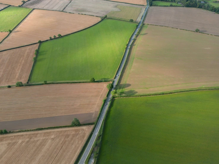 an aerial view of a farm land with a road and lots of trees