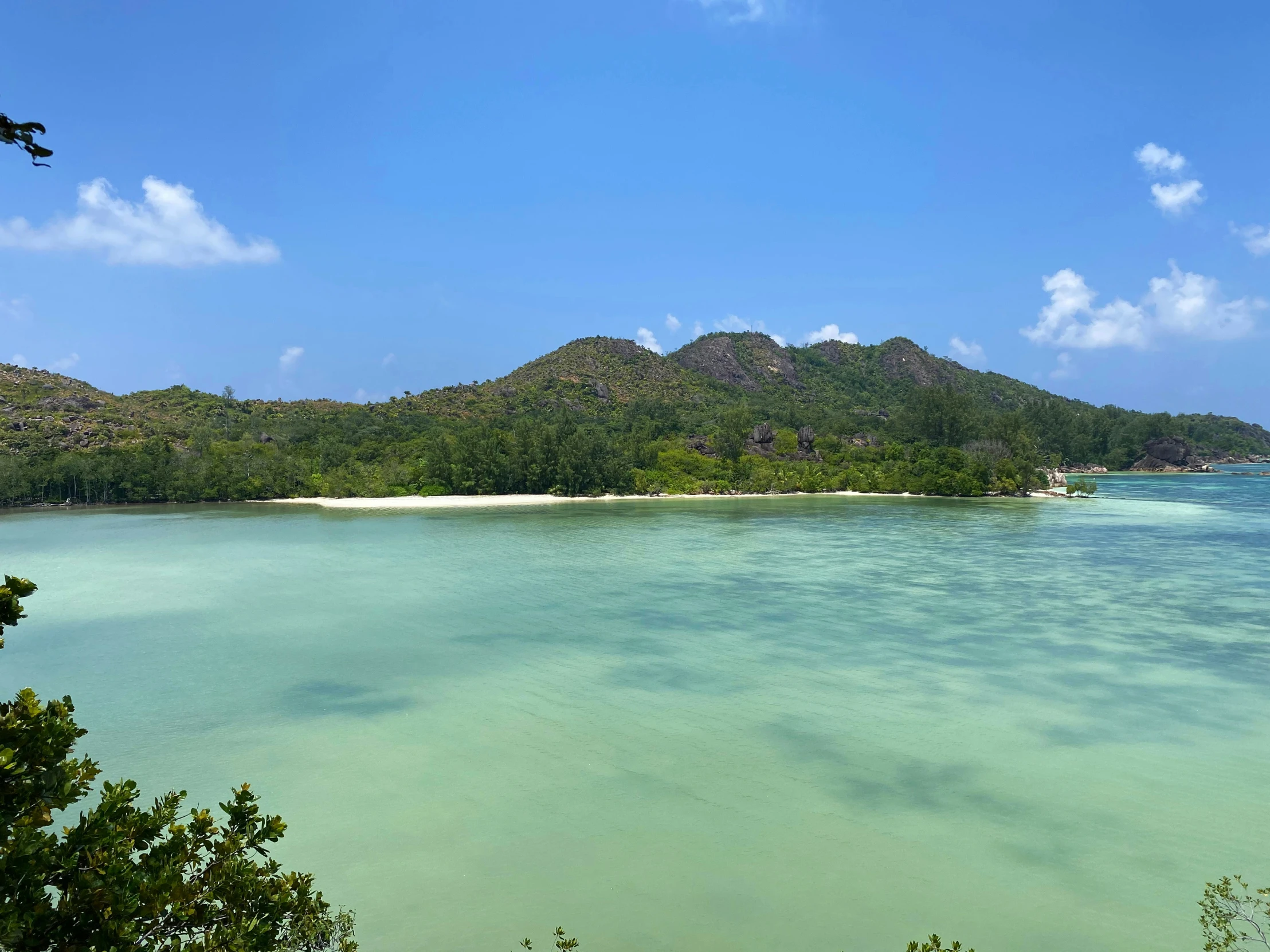 there is a island and several small boats that are in the water