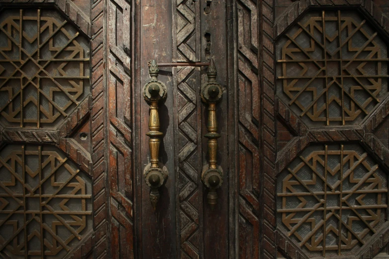 two ornate doors with handles and s are next to each other