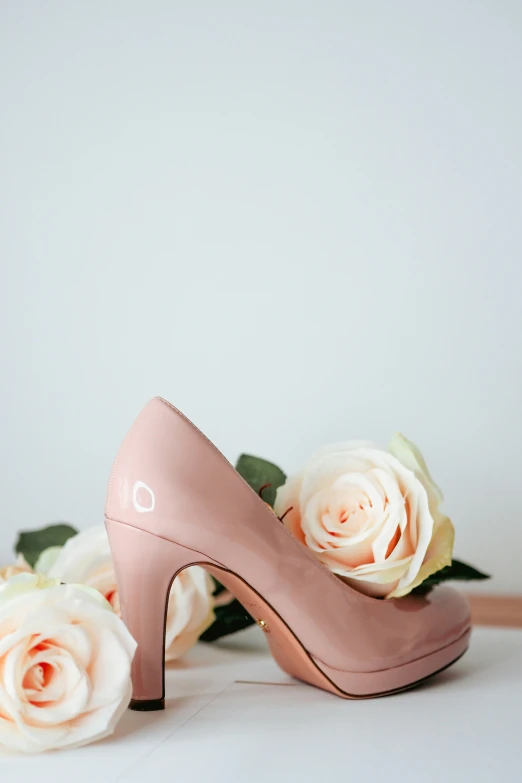 a pair of pink high heels sitting next to some flowers