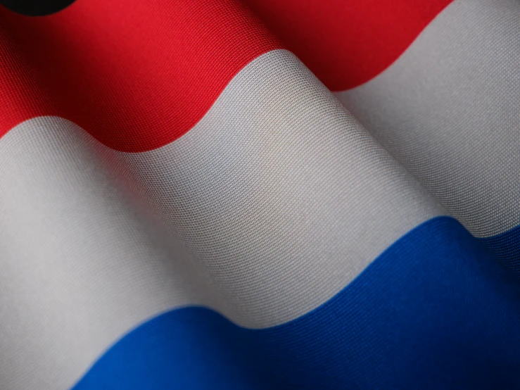 a large red white and blue flag with black dots
