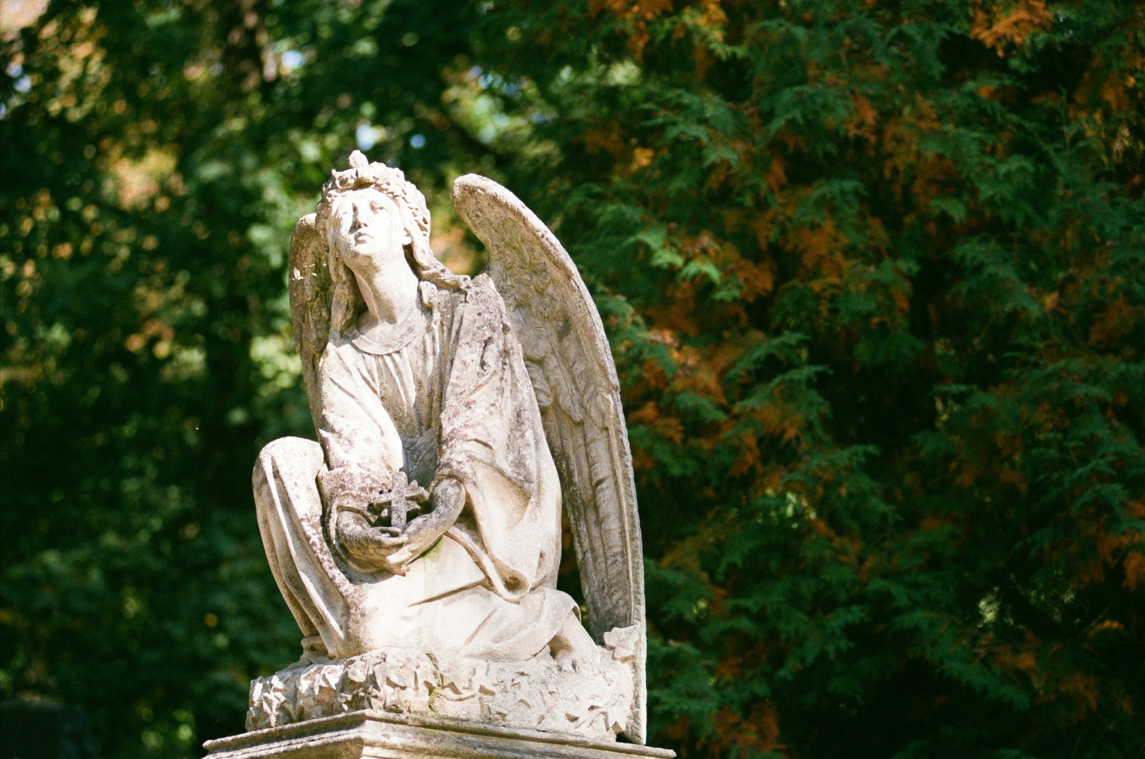 a statue sitting near a forest covered with green foliage