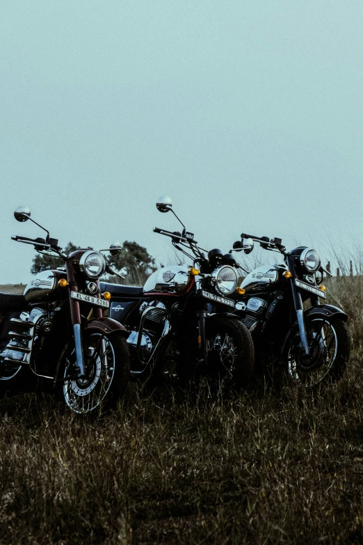 a row of motorcycles sitting in a grass field