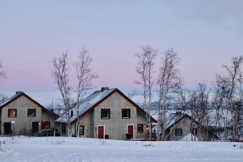 the snow is piled up to many large houses