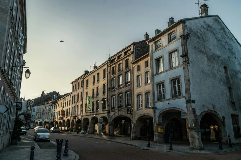 several brown buildings in a city area