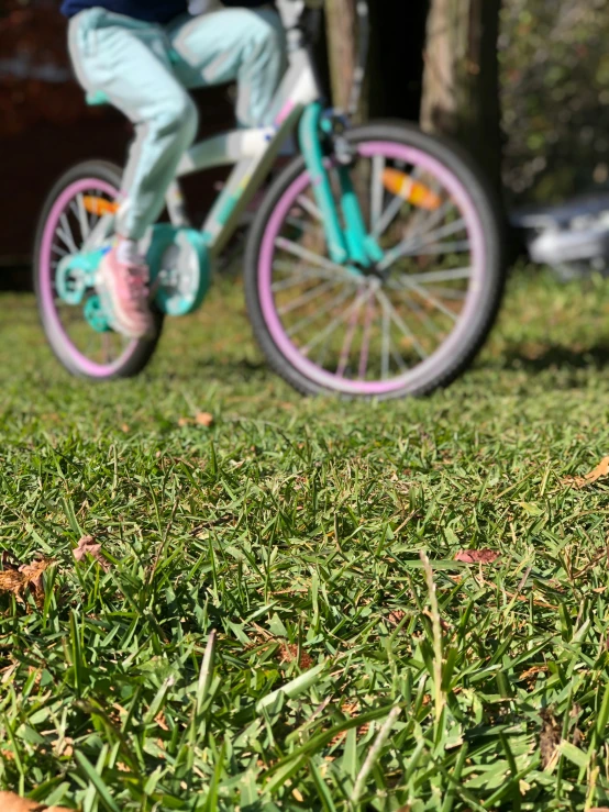 a person riding on a pink bike through the grass