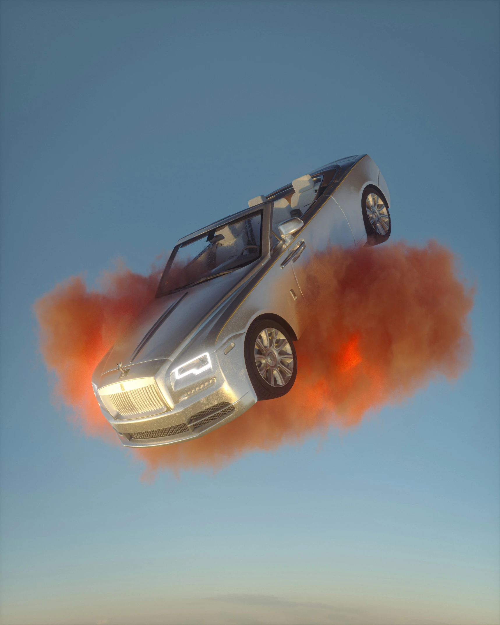 an orange substance of smoke floating in the air next to a white car