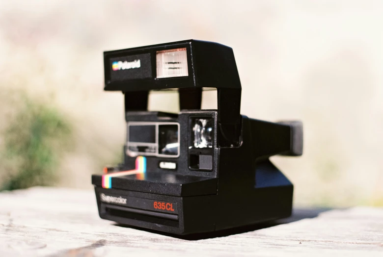 a polaroid camera sitting on top of a piece of wood