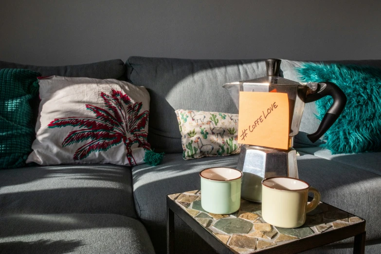 a picture of coffee cups and mugs with a sign reading'happiness '