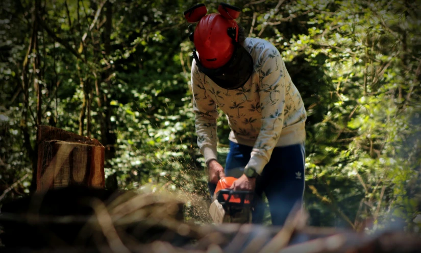 a man cuts a log with a chainsaw
