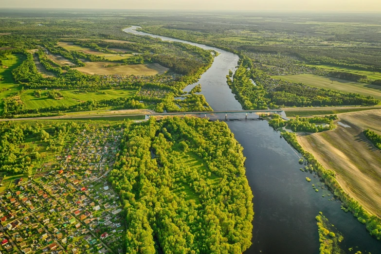 the aerial po of a river running through a field