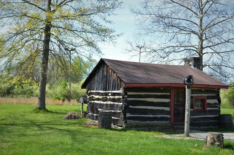 the log cabin has a small chimney on the roof