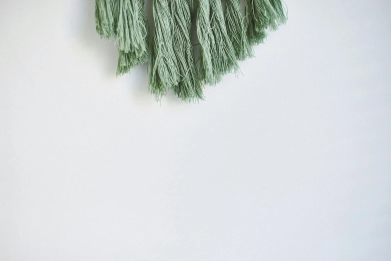 a white wall hanging with various green things on it