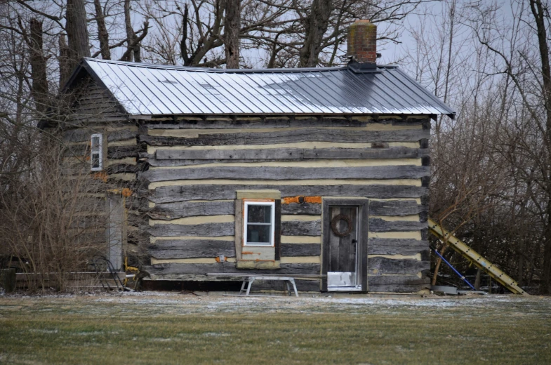 a house made out of logs sits in a field