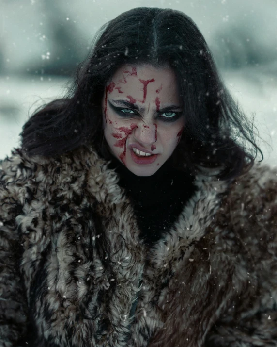 a woman dressed up in scary makeup in the snow