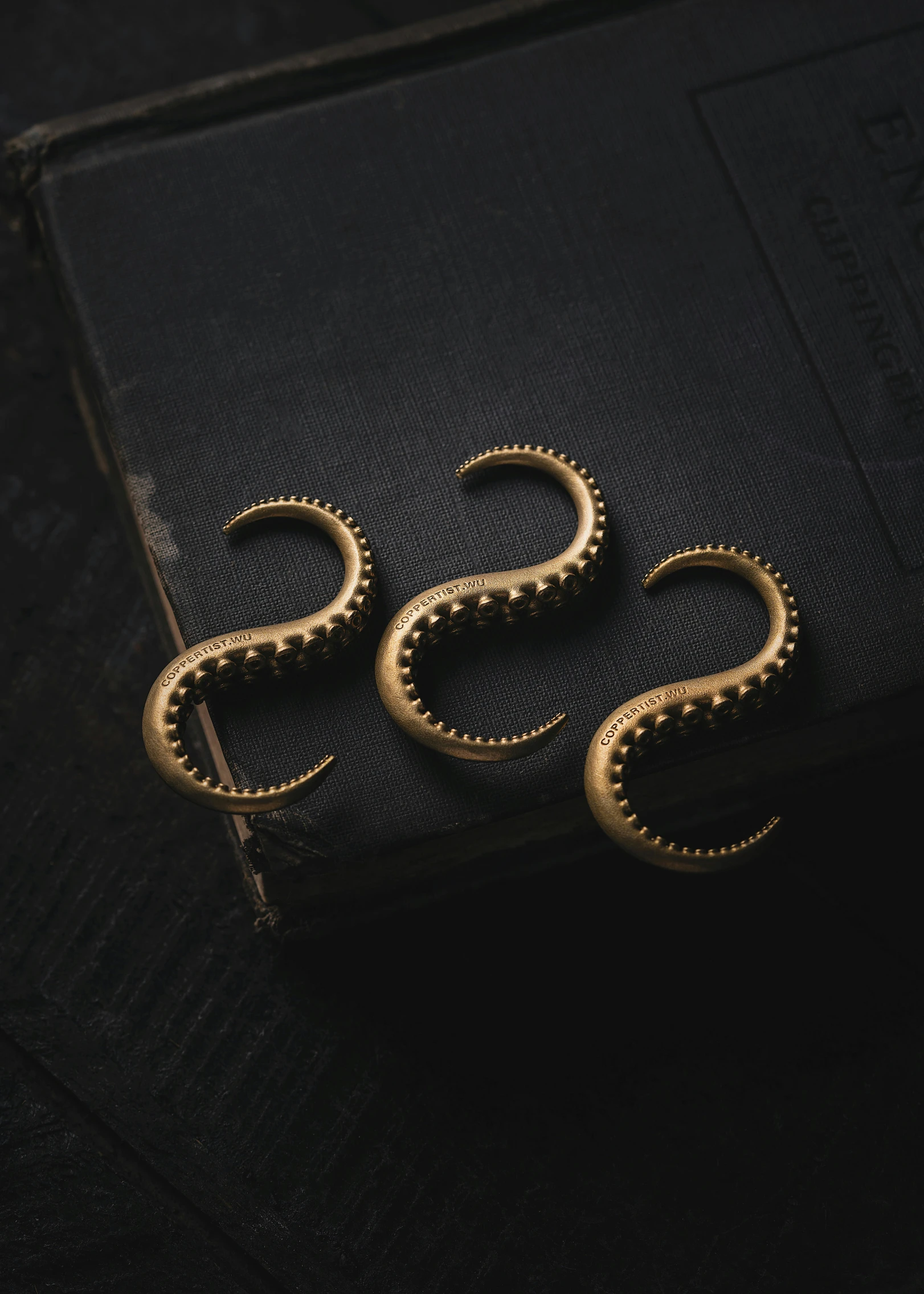 gold plated earrings on a black book