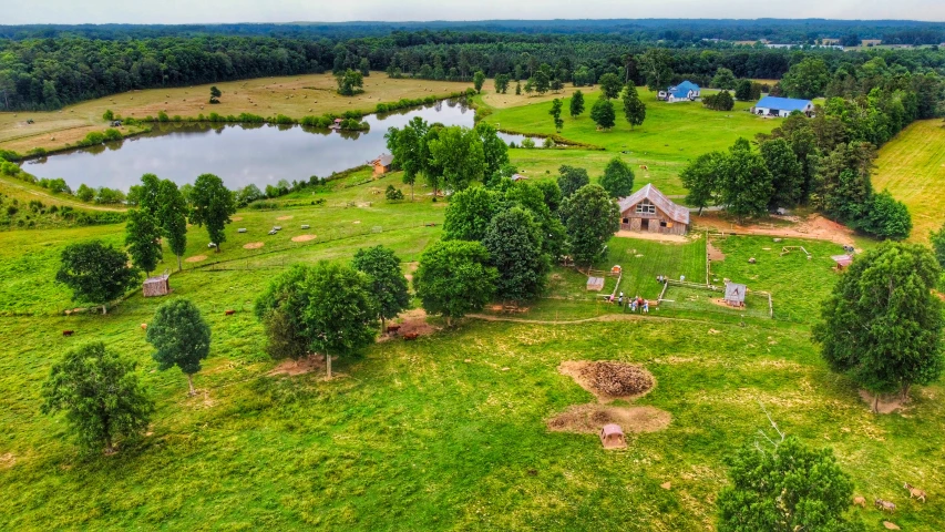 an aerial s of the farmhouse and garden from above