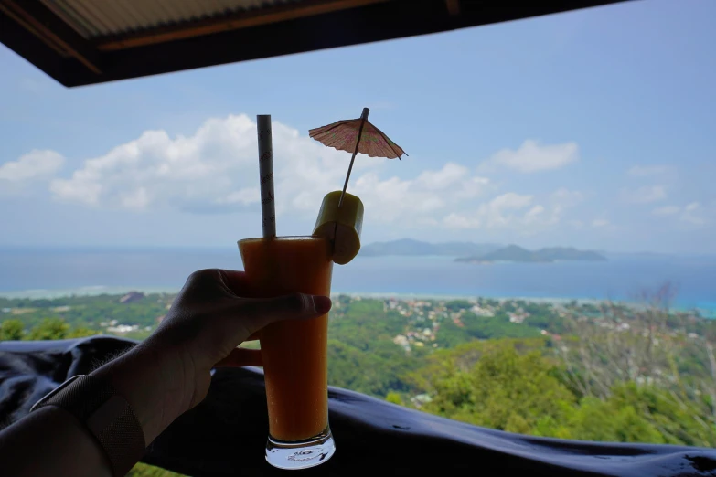 someone holding an orange drink with a umbrella and a view of the ocean