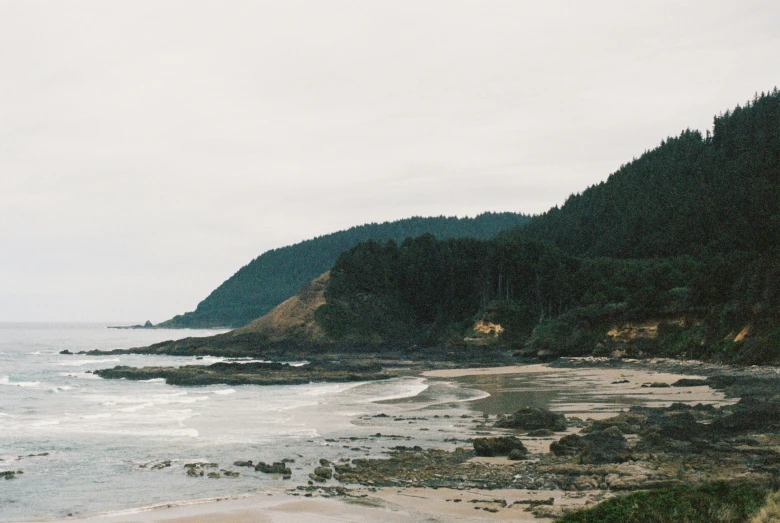 a beach with mountains and trees next to the ocean