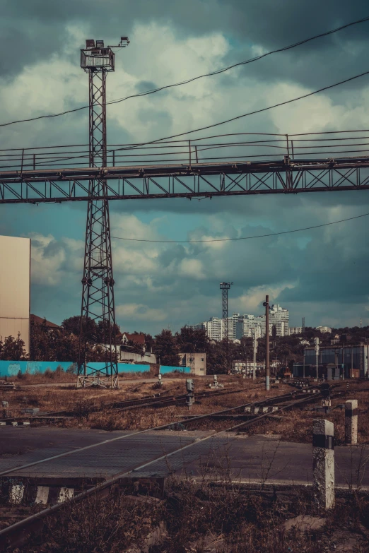 the power lines are high above a street