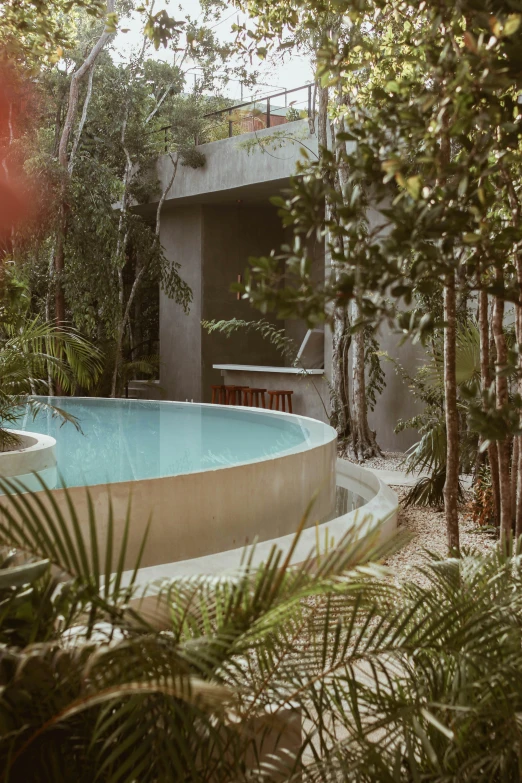 an empty swimming pool surrounded by trees