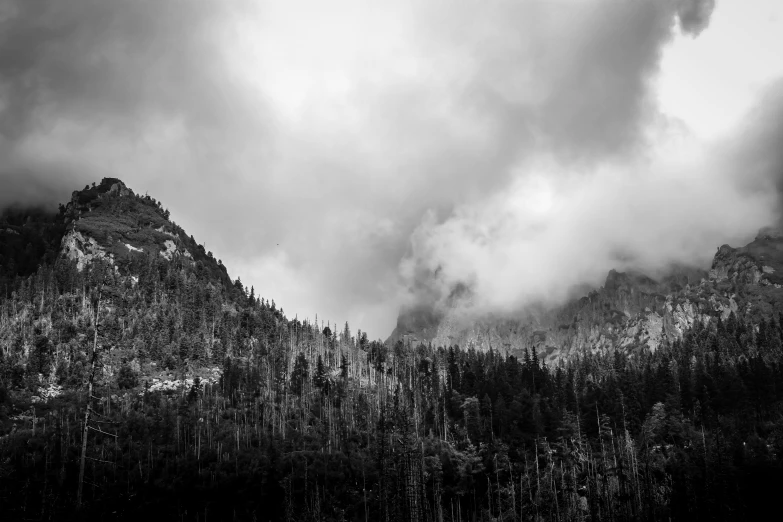 clouds cover mountains in the distance on a cloudy day