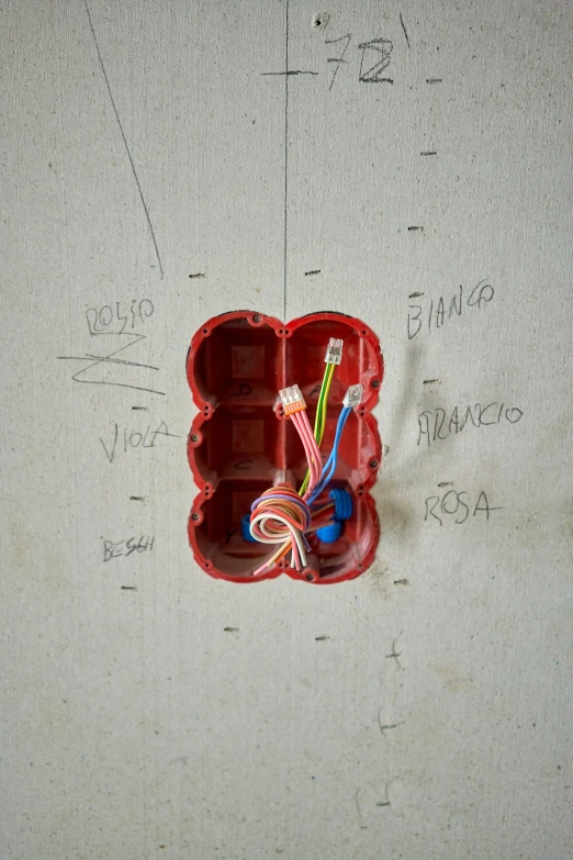 a red object sits on the floor next to wiring