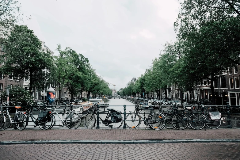 bicycles are parked on the curb near a fence