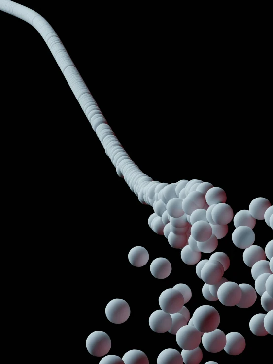 red spheres float in front of the white long tube