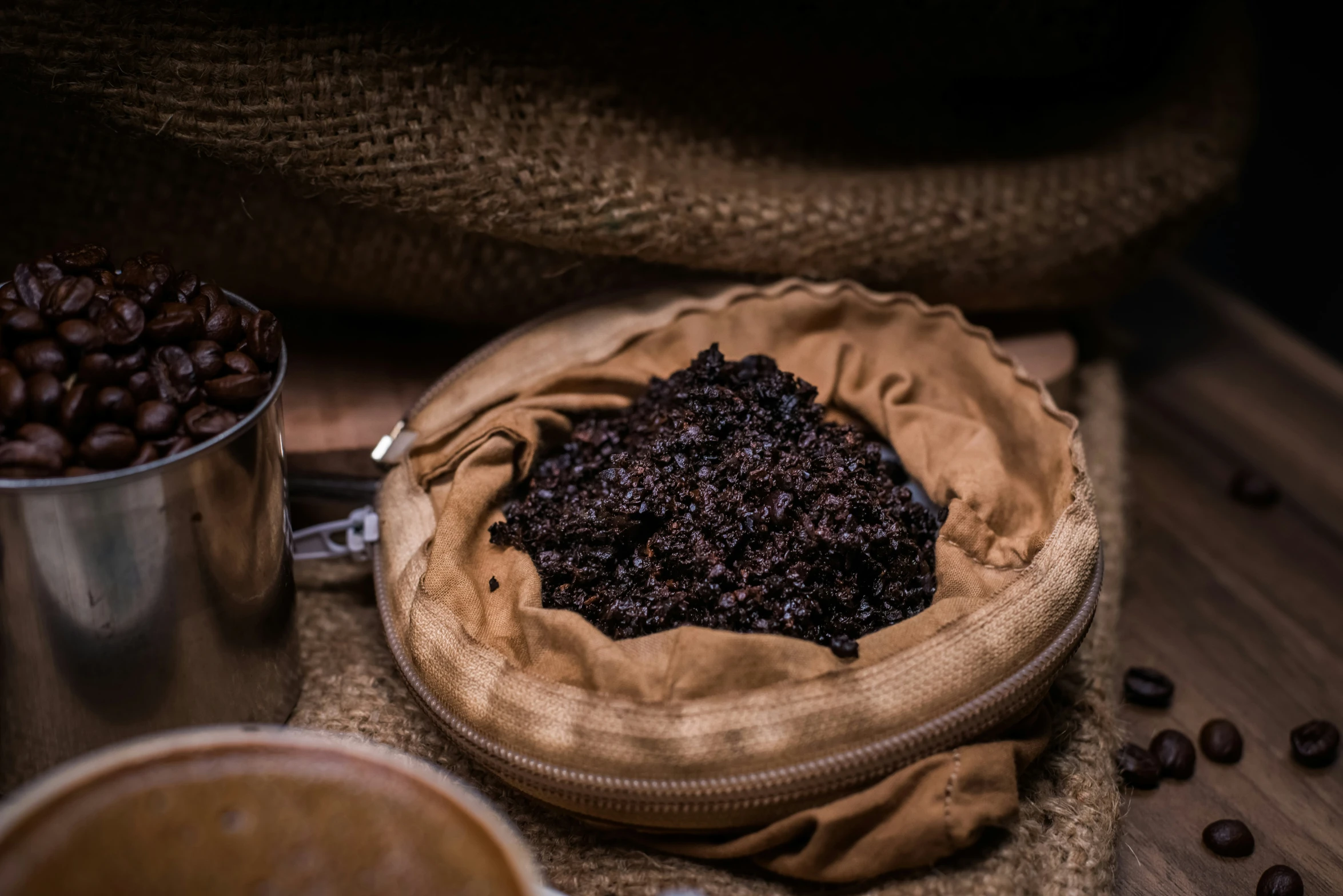 a wooden tray with brown and white food