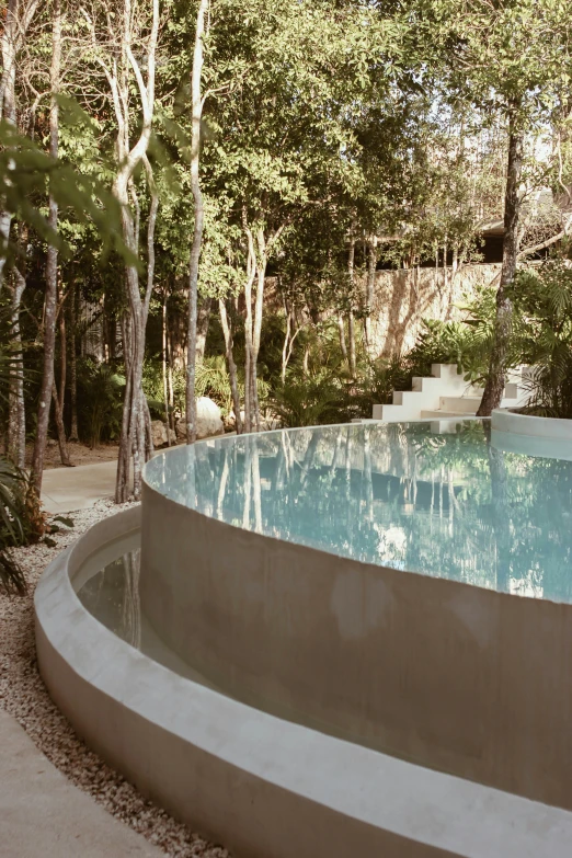 a large pool in a garden surrounded by trees