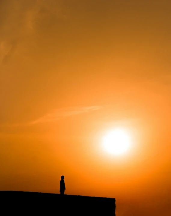 a lone bird sits at the top of a building as the sun sets