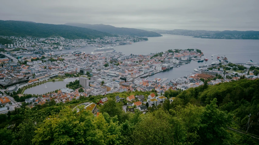 an aerial view of a city on a lake