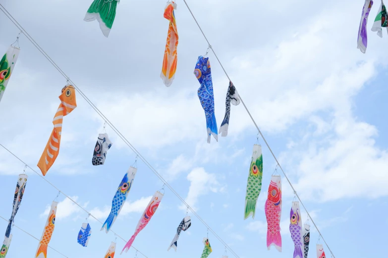 a number of colorful flags hanging from wires