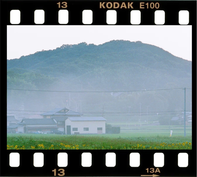 a house sits behind an old film strip