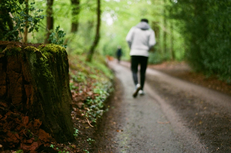 a person walking down a leaf covered path