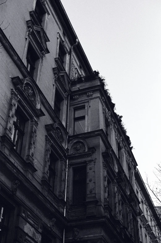 a tall black and white building next to a tree