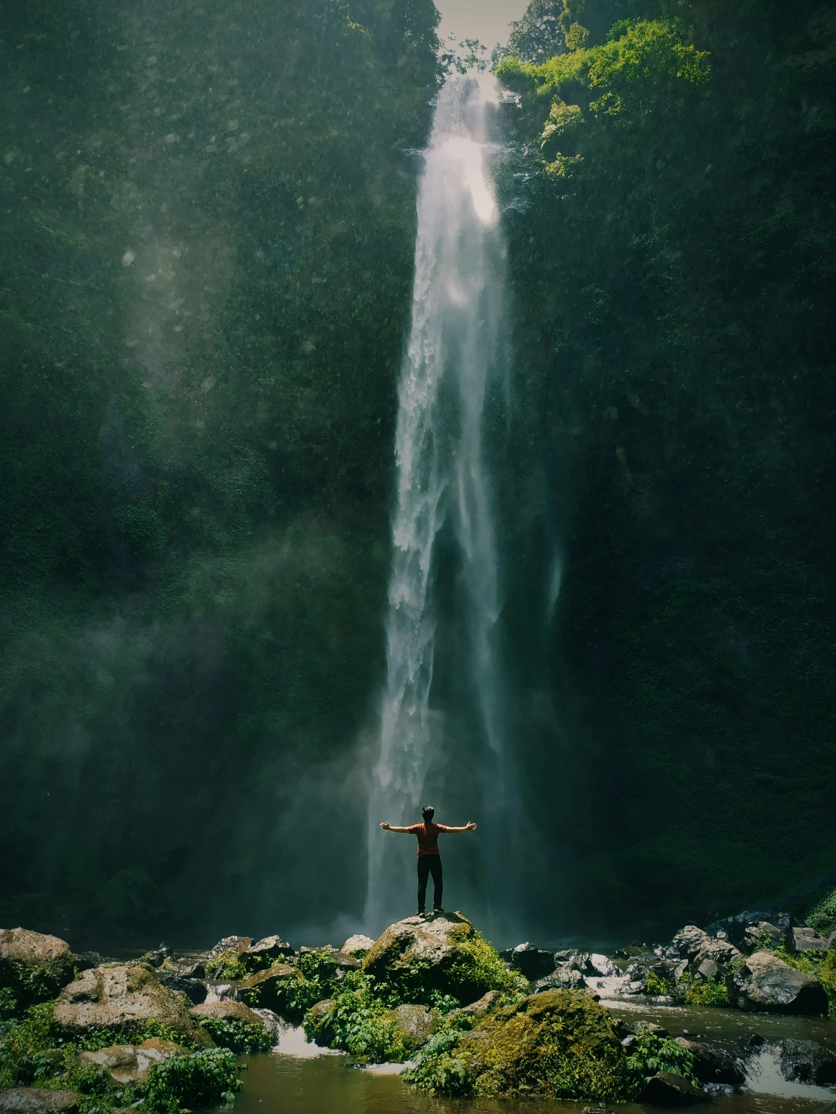 a man is standing in front of the waterfalls